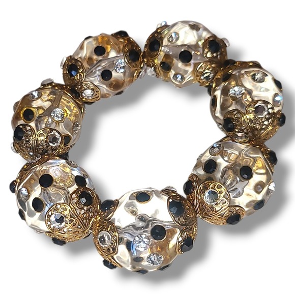 Vintage Chunky Lucite Rhinestone Beaded Stretch Bracelet Gold Filigree - Picture 2 of 3